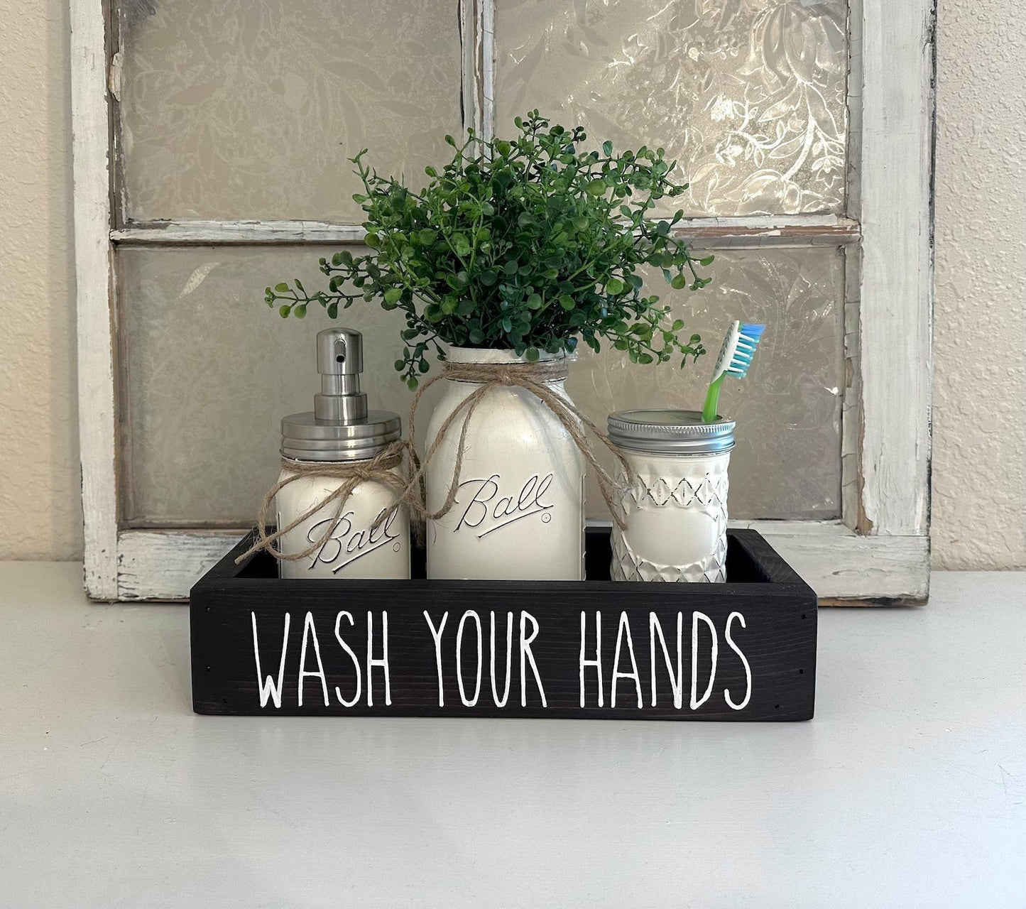 Wash your hands modern farmhouse storage box bathroom decor toilet tank tray with soap dispenser and toothbrush holder customizable rustic