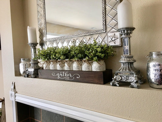 Mason Jar Decor, Gather, Mason Jar Centerpiece, Tray with Mason Jars, Farmhouse Table Centerpiece, Rustic Decor, Farmhouse Mantle Decor