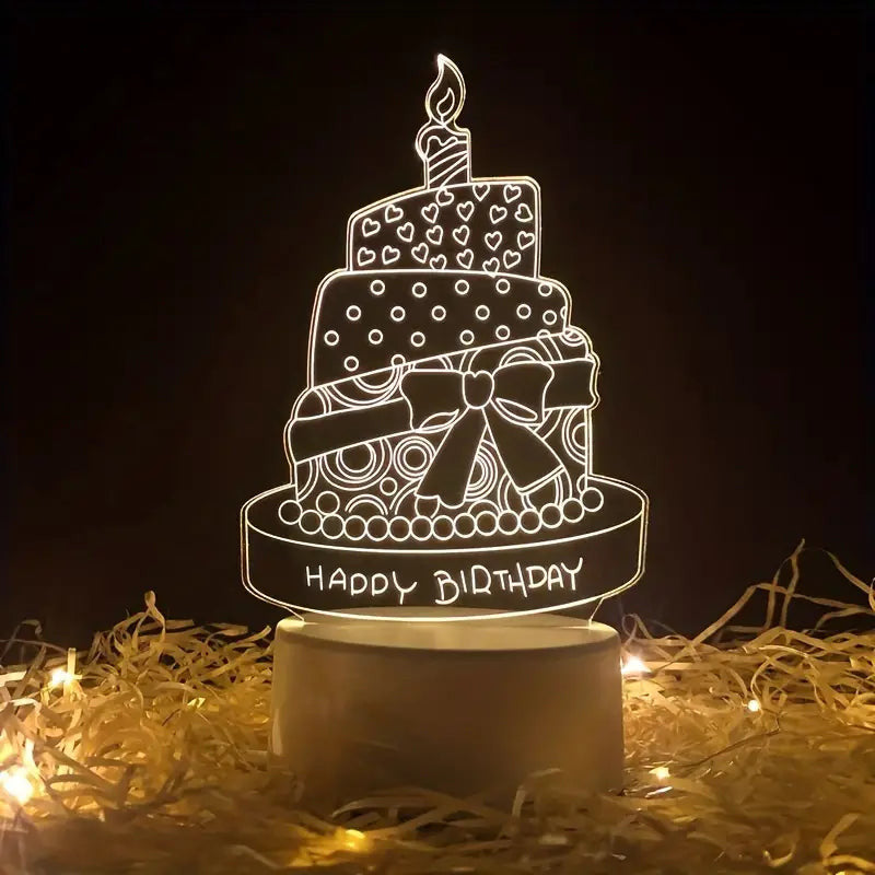 Birthday Cake 3D Acrylic USB Led Night Light for Christmas, Home, Bedroom, Birthday, Decoration and Wedding Gifts