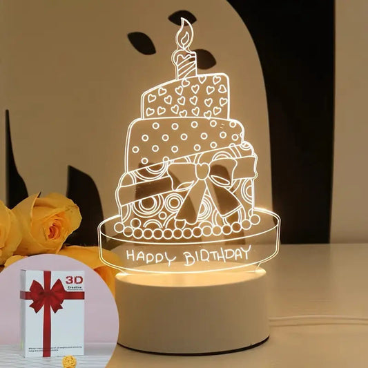 Birthday Cake 3D Acrylic USB Led Night Light for Christmas, Home, Bedroom, Birthday, Decoration and Wedding Gifts