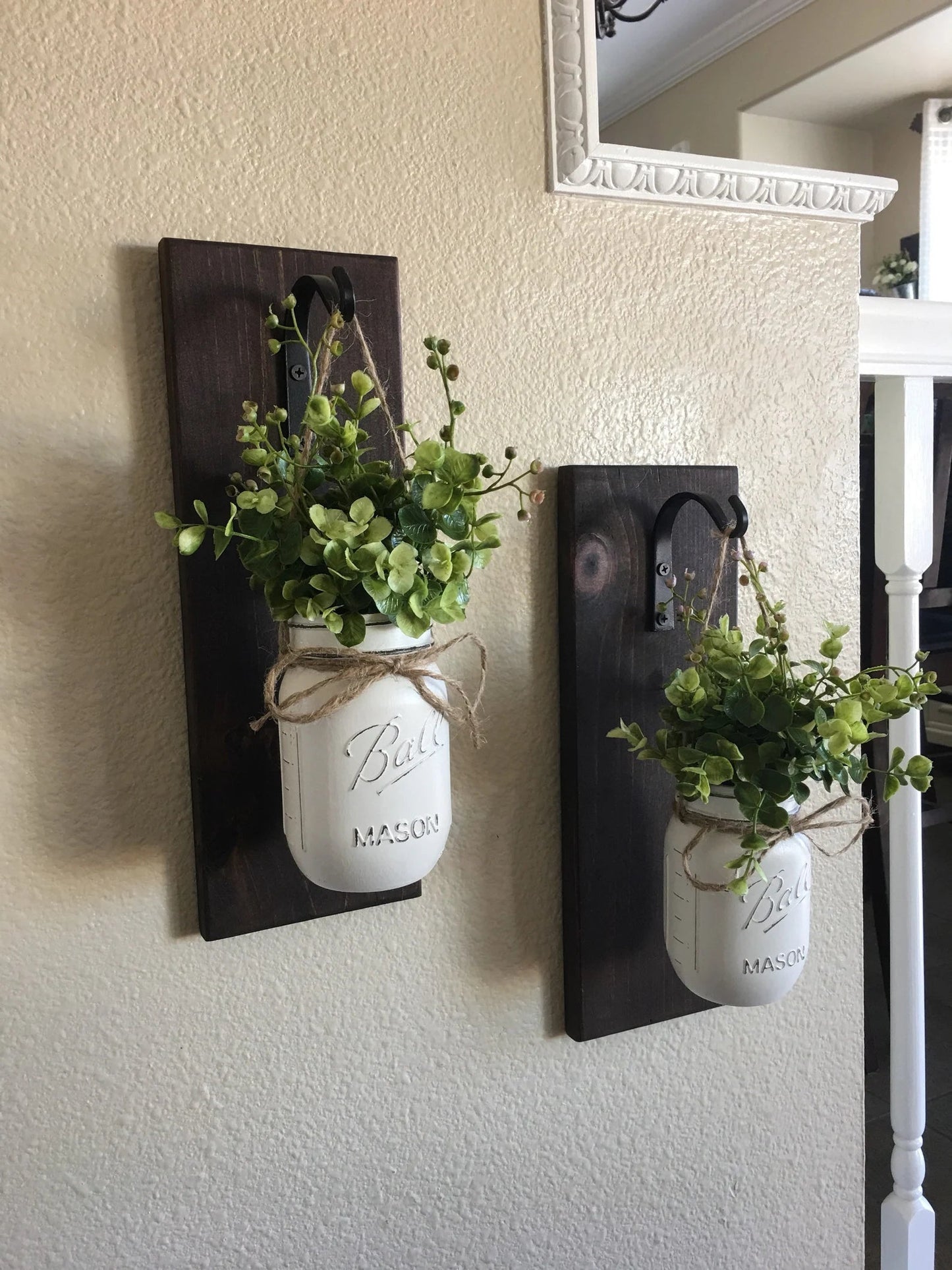 Set of Two Mason Jar Hanging Planter, Home Decor, Wall Decor, Rustic Decor, Hanging Jar Sconces, Mason Jars Wall Planters Greenery