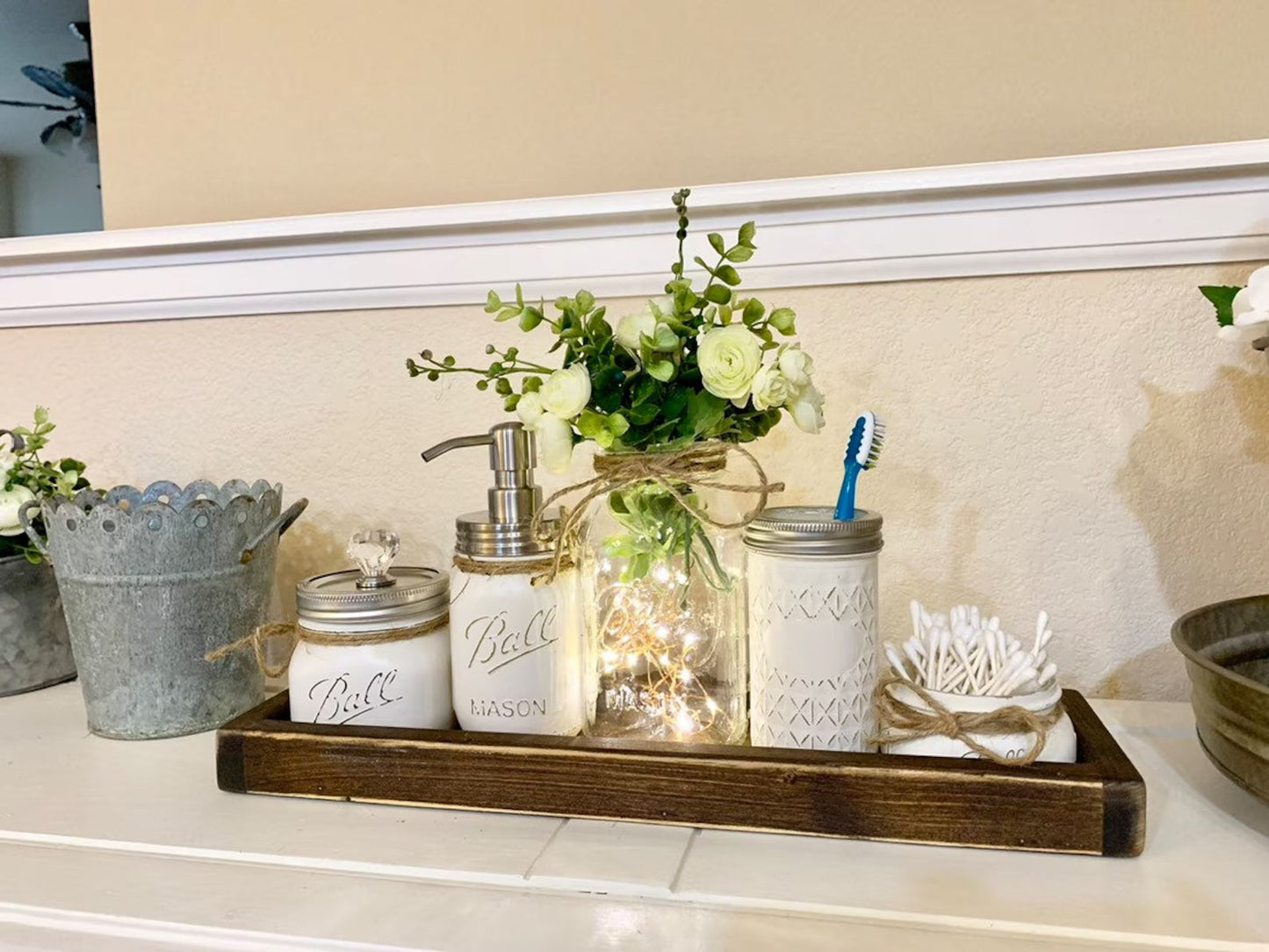 Bathroom Decor, Bathroom Set, Mason Jar Bathroom White, Farmhouse Bathroom Set, Rustic Bathroom Decor, Bathroom Organizers, Home Decor