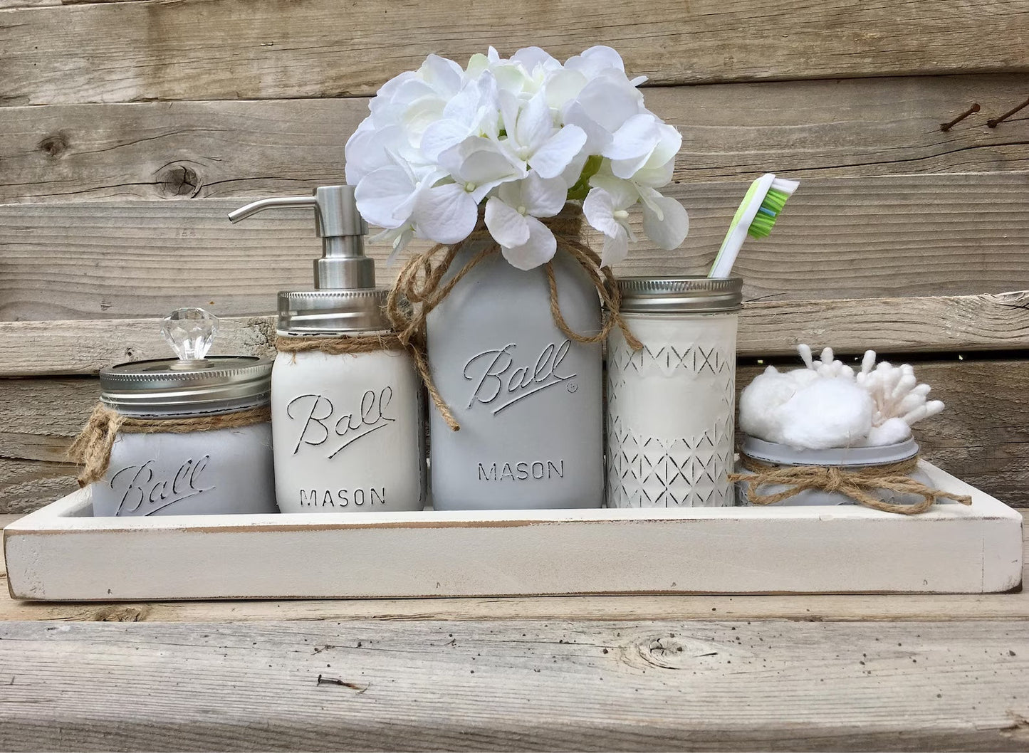 Bathroom Decor, Bathroom Set, Mason Jar Bathroom White, Farmhouse Bathroom Set, Rustic Bathroom Decor, Bathroom Organizers, Home Decor