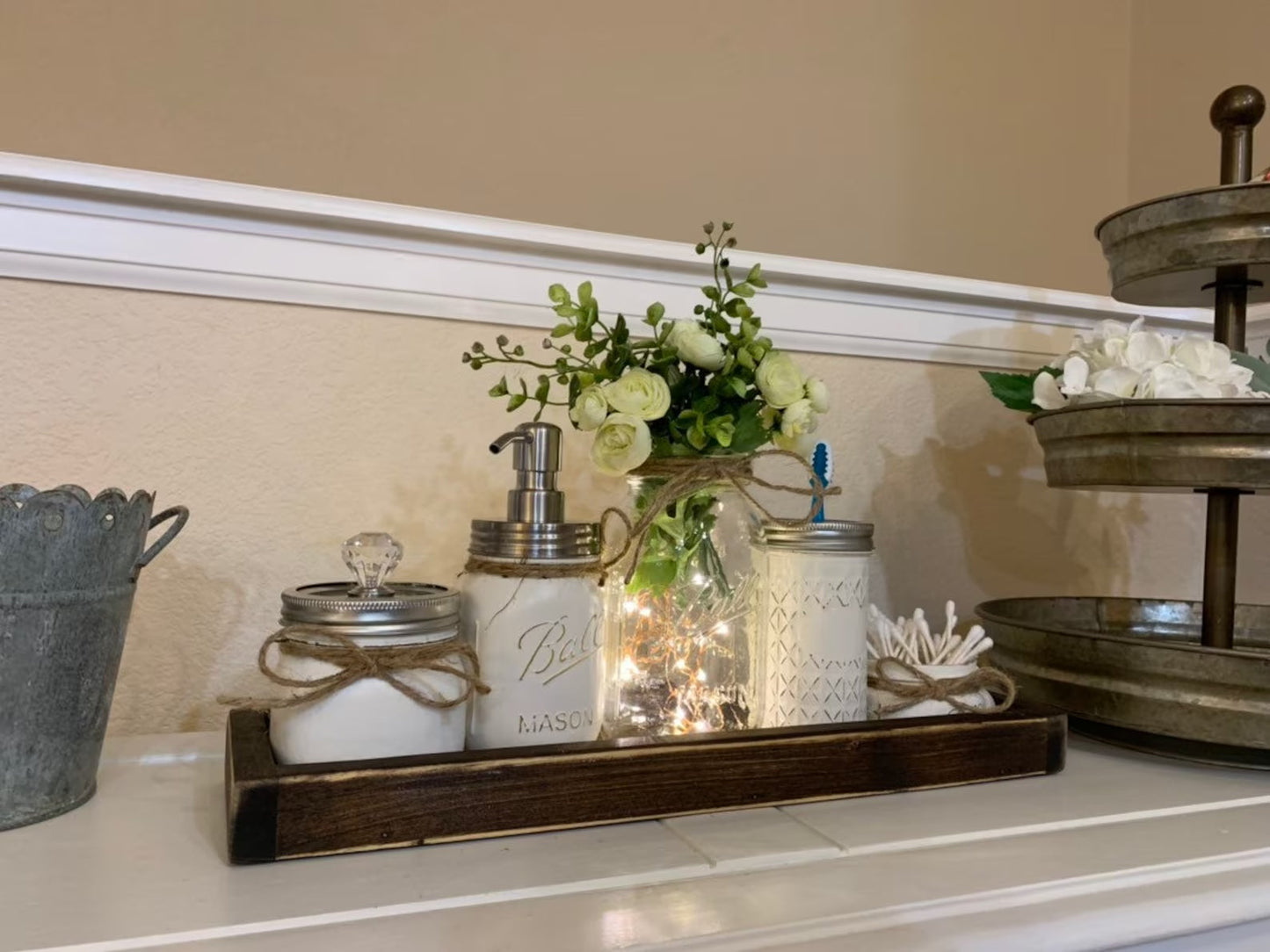 Bathroom Decor, Bathroom Set, Mason Jar Bathroom White, Farmhouse Bathroom Set, Rustic Bathroom Decor, Bathroom Organizers, Home Decor