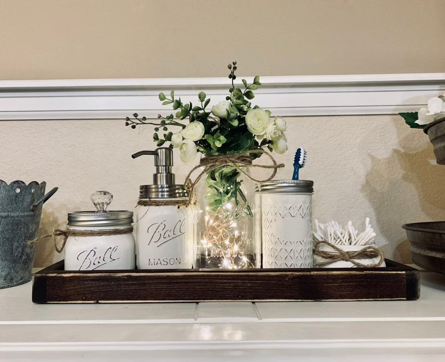 Bathroom Decor, Bathroom Set, Mason Jar Bathroom White, Farmhouse Bathroom Set, Rustic Bathroom Decor, Bathroom Organizers, Home Decor