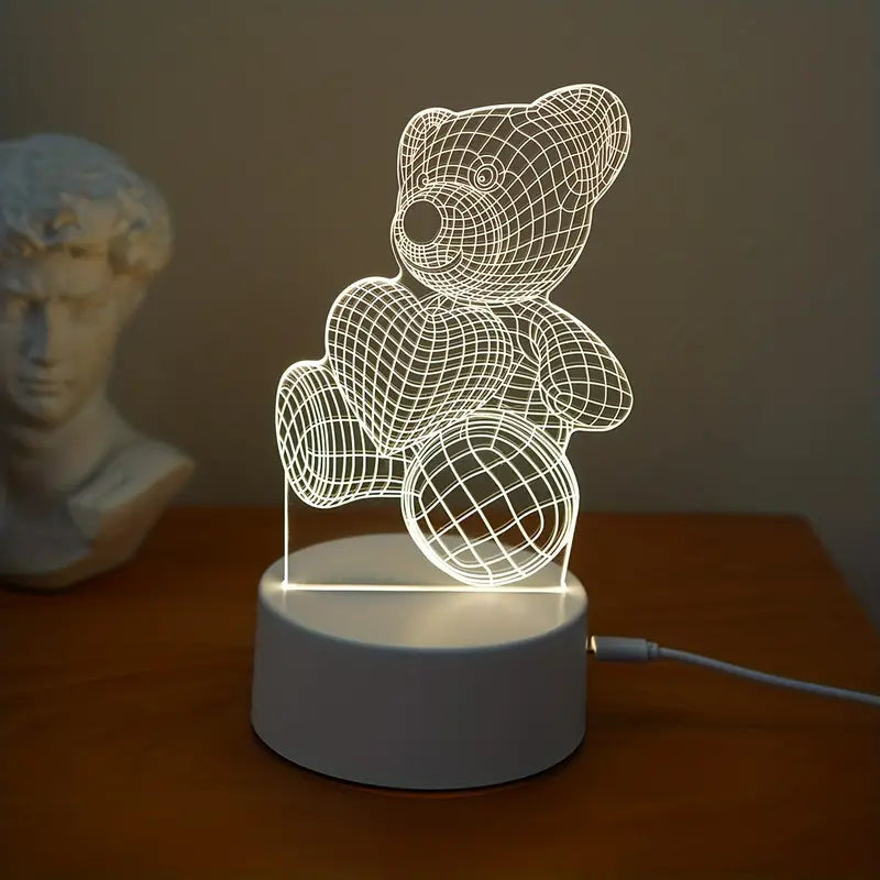 Teddy Bear Heart 3D Acrylic USB Led Night Light for Christmas, Home, Bedroom, Birthday, Decoration and Wedding Gifts