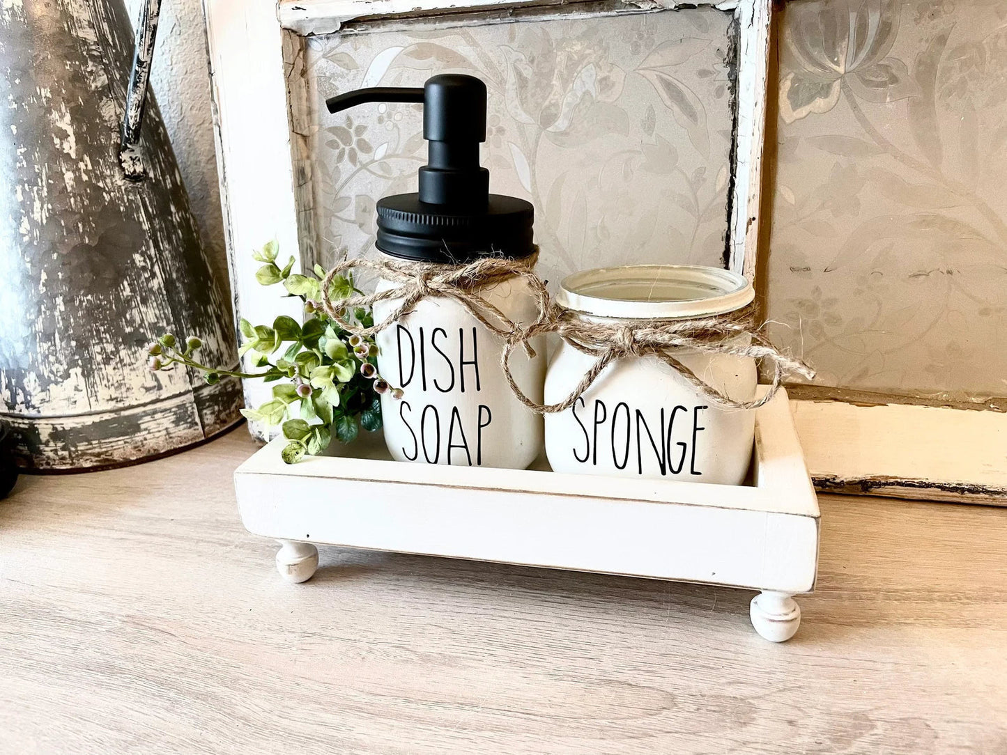 Kitchen Decor, Farmhouse Riser Sink Tray with Legs for Dish Soap Dispenser Jar and Sponge Holder Jar