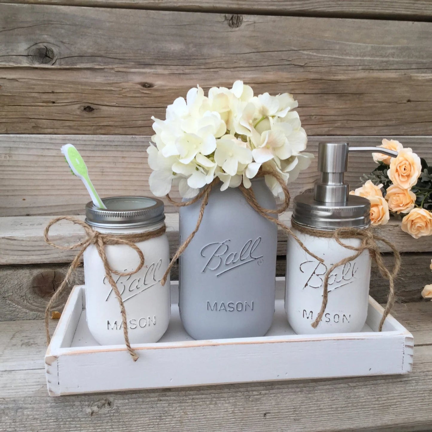 Mason Jar Bath Set with Tray, Grey Farmhouse Bathroom Decor, Gray Bathroom Decor,Custom Bathroom Decor,Mason Jar Bathroom Sets, Country Bath