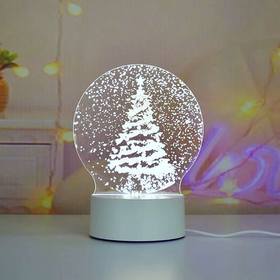 Snow Tree (Circular) 3D Acrylic USB Led Night Light for Christmas, Valentine's Day, Home, Bedroom, Birthday, Decoration and Wedding Gifts