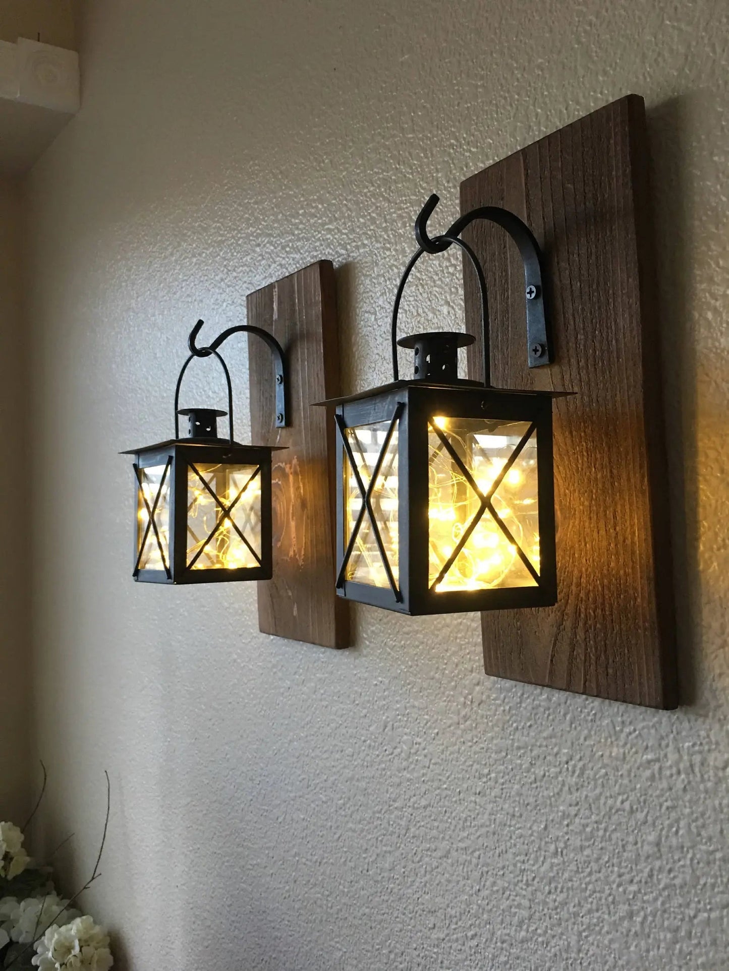 Set of Hanging Lantern Sconces,Farmhouse Wall Decor, Lantern Sconces, Black, Lanterns, Wood Sconce with Lantern, Country Decor, Small