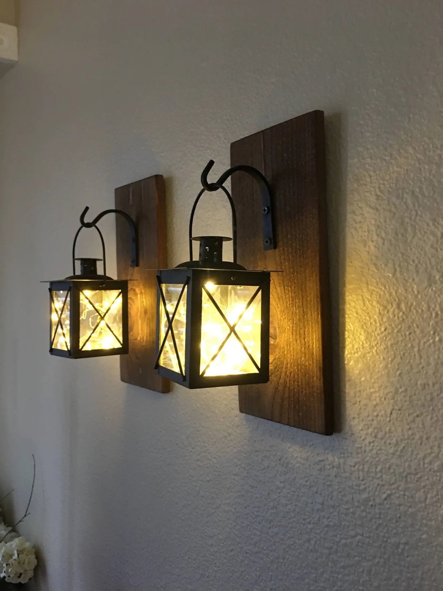 Set of Hanging Lantern Sconces,Farmhouse Wall Decor, Lantern Sconces, Black, Lanterns, Wood Sconce with Lantern, Country Decor, Small