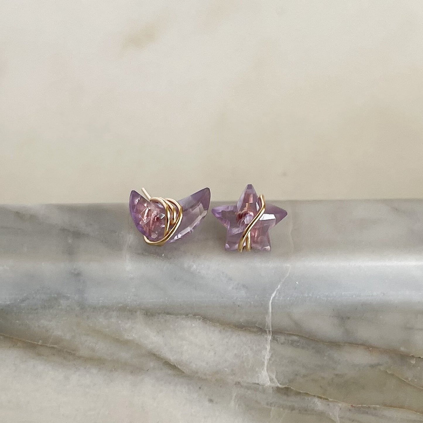 Amethyst Moonbeam and Stardust Gold Stud Earrings