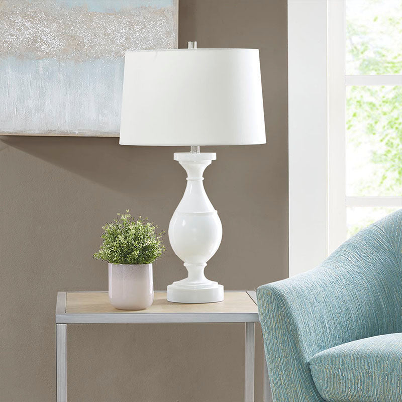 15.8" White Resin Polyester Table Lamp - Drum-Shaped Fabric Shade