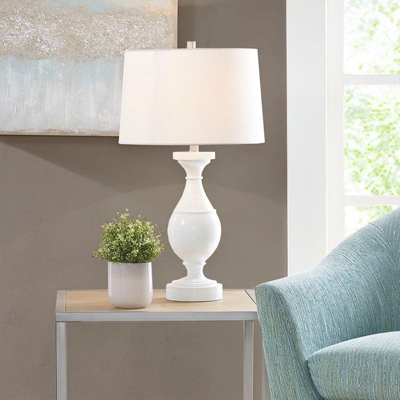 15.8" White Resin Polyester Table Lamp - Drum-Shaped Fabric Shade