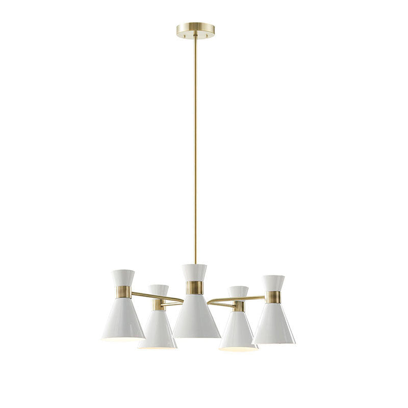 5-light White Metal Chandelier in Cone-Shaped Shade & Antique Brass