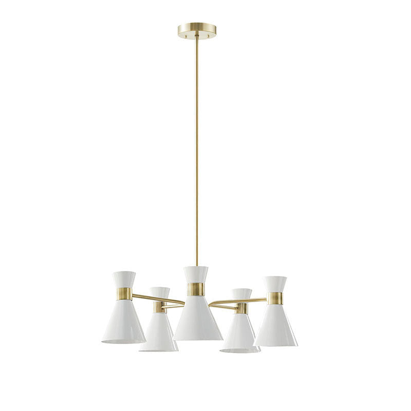 5-light White Metal Chandelier in Cone-Shaped Shade & Antique Brass