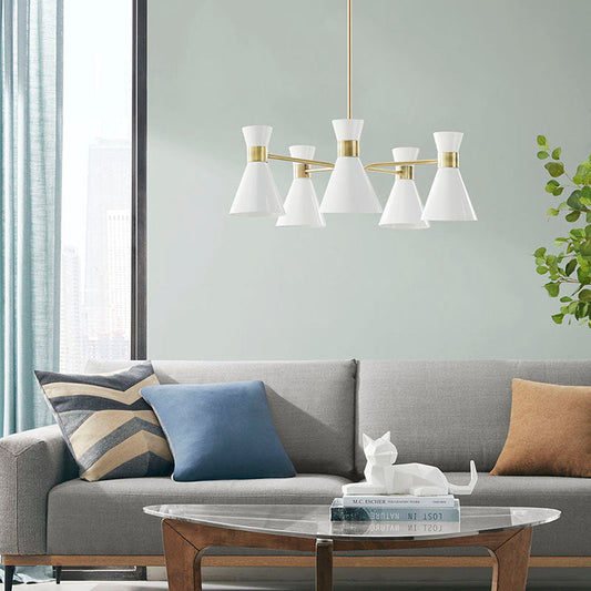 5-light White Metal Chandelier in Cone-Shaped Shade & Antique Brass