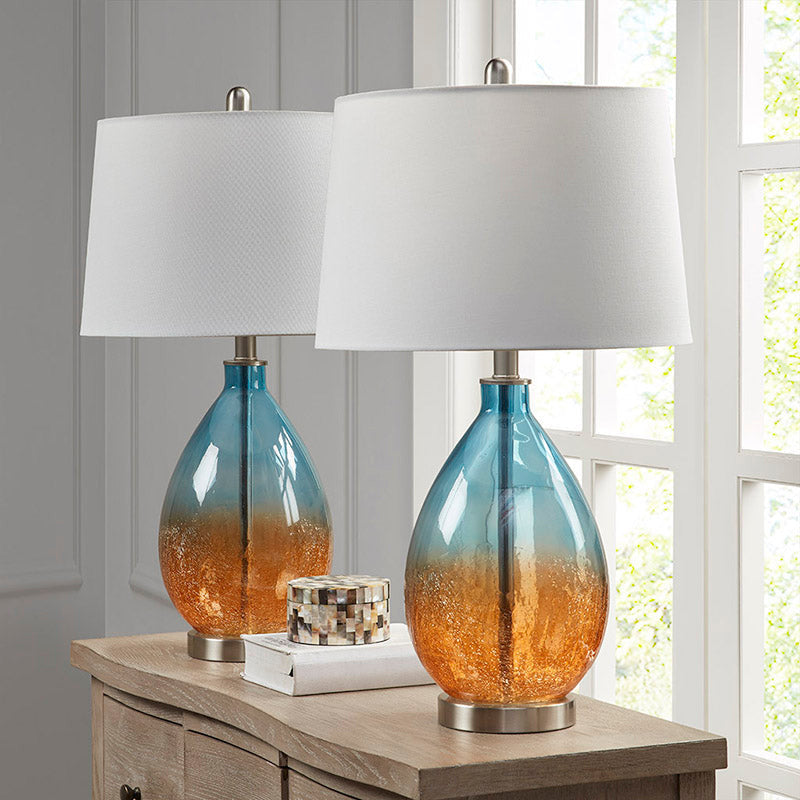 15" Blue Cortina Ombre Glass Iron Table Lamp - Set of 2, Fabric Shade