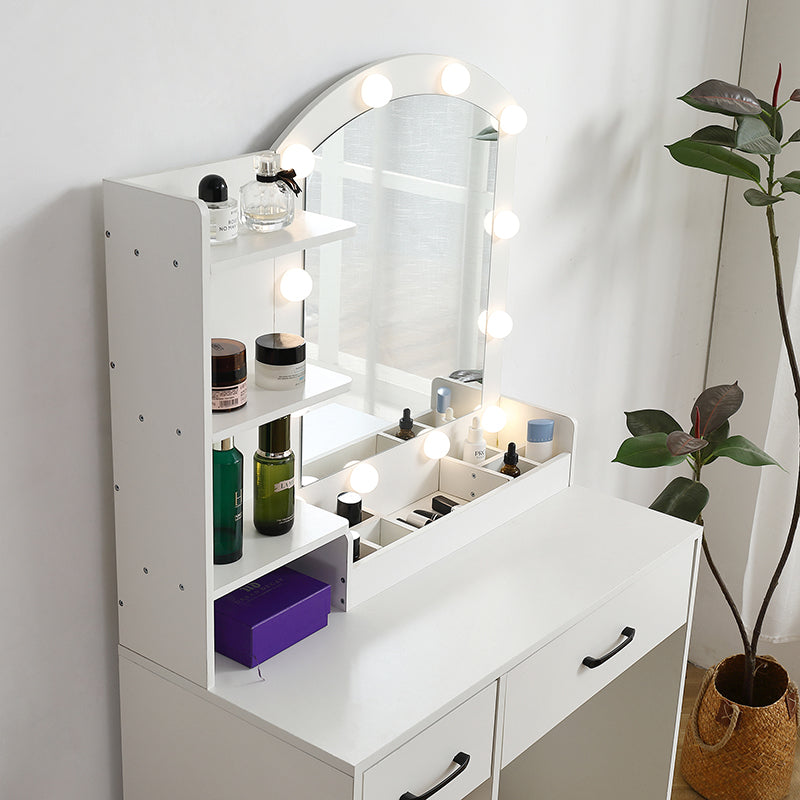 33" Antique White Makeup Vanity Set with Large Lighted Mirror, 2 Drawers, Cabinet & Stool