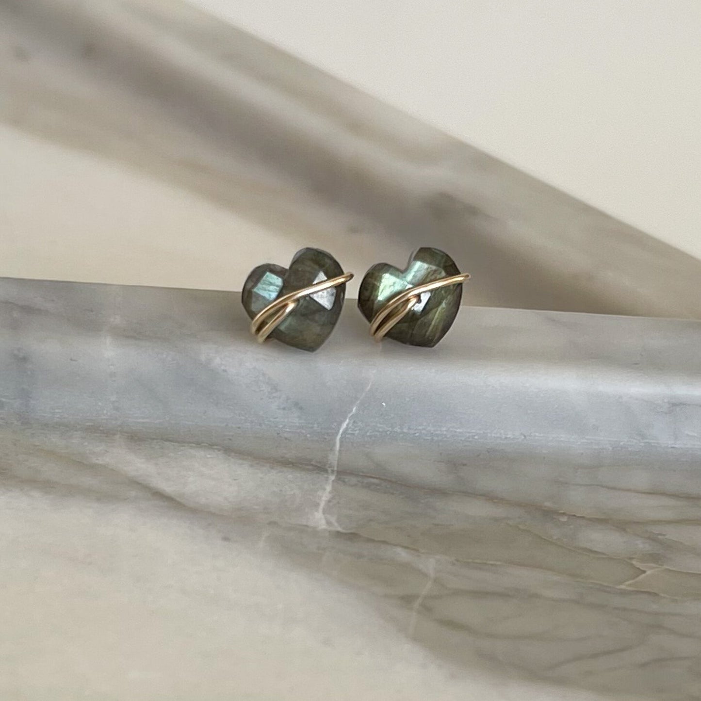 labradorite gold heart stud earrings