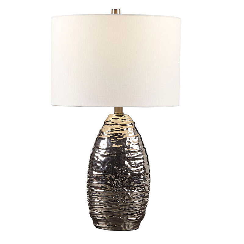 14.3" Oval Polyester Textured Ceramic Table Lamp - Silver Base, White Shade