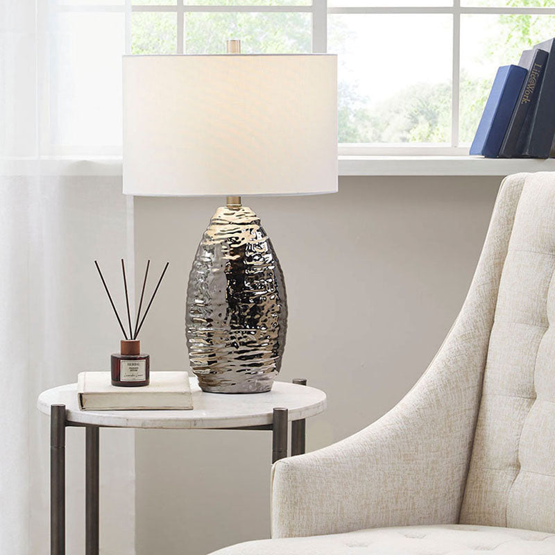 14.3" Oval Polyester Textured Ceramic Table Lamp - Silver Base, White Shade