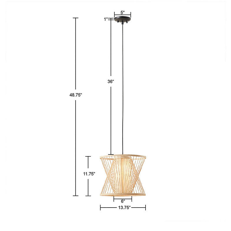 13.8" Natural Geometric Bamboo Rattan Cylindrical Shape Pendant Light with Adjustable Cord