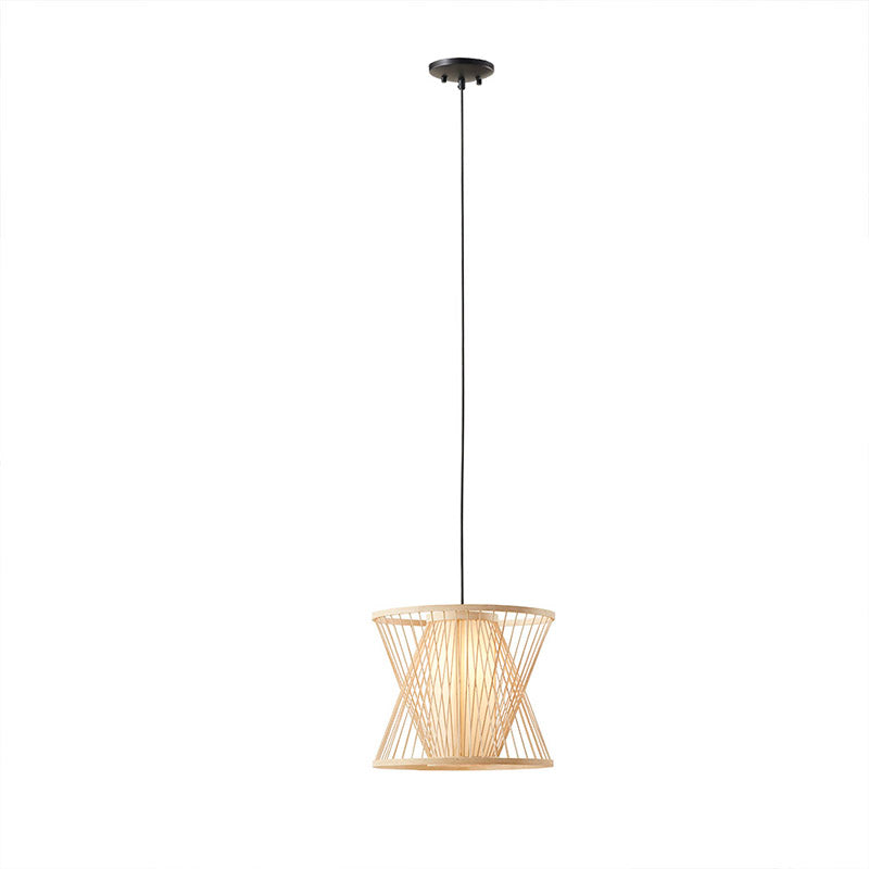 13.8" Natural Geometric Bamboo Rattan Cylindrical Shape Pendant Light with Adjustable Cord