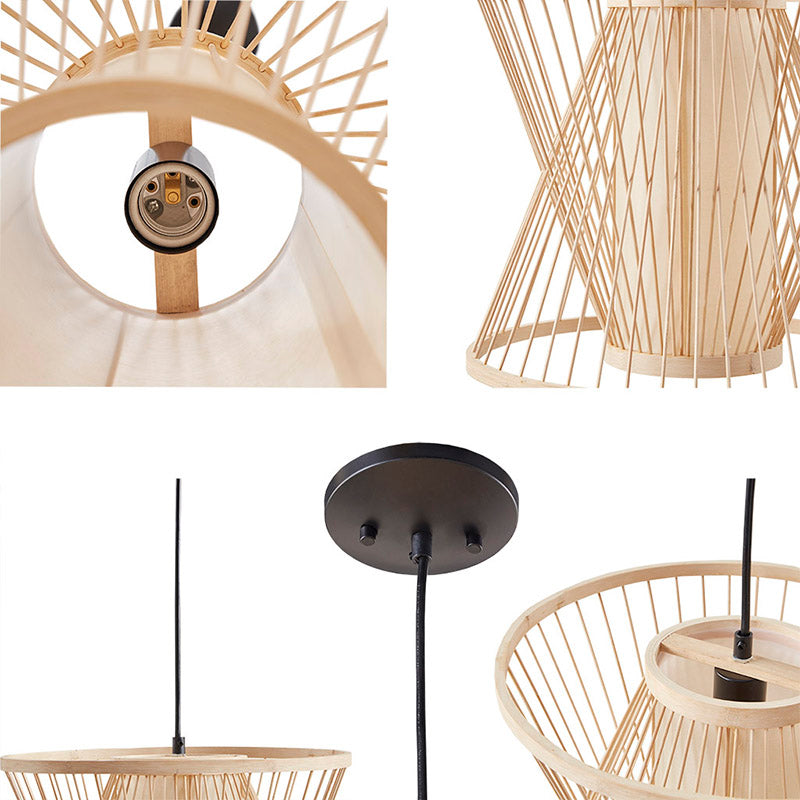 13.8" Natural Geometric Bamboo Rattan Cylindrical Shape Pendant Light with Adjustable Cord