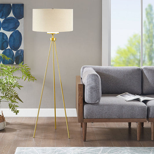 20" Modern Gold Metal Tripod Floor Lamp with Glass Shade