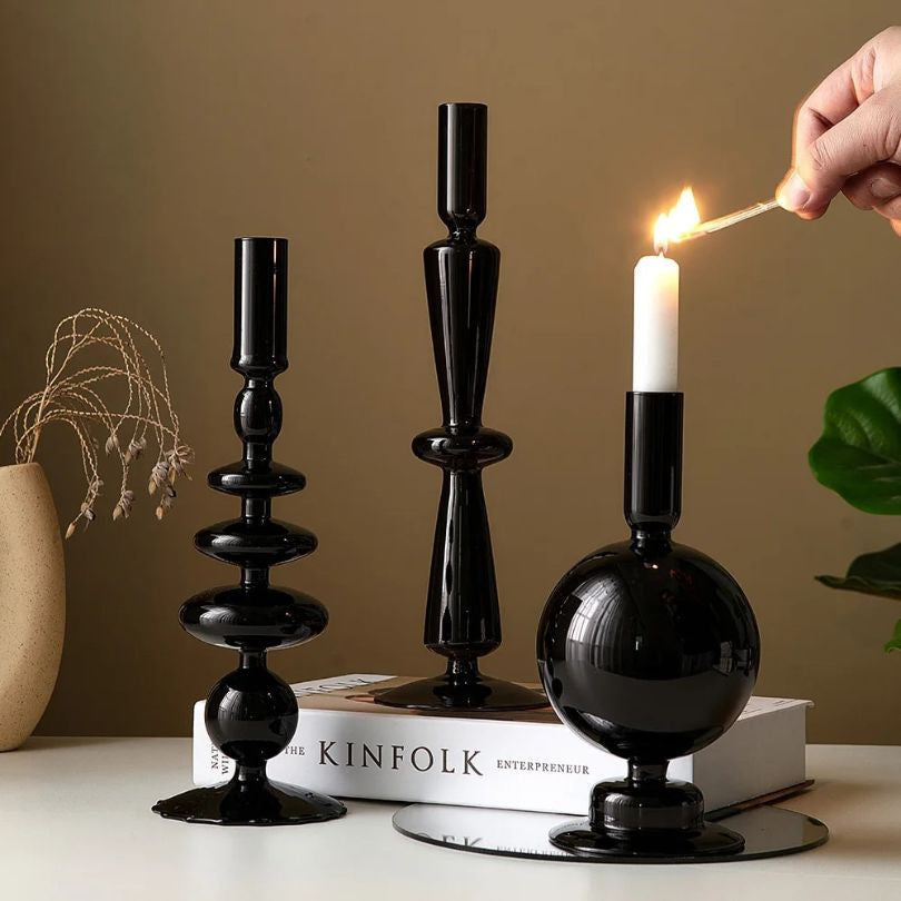 Retro Dinner Table Black Glass Candle Holder