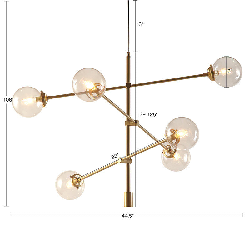 44.5" Modern Gold Architectural Metal 6-Globe Ceiling Light - LED Chandelier