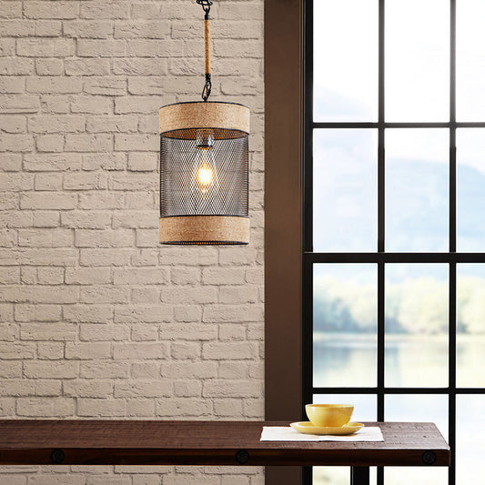 52" Metal Mesh Cylinder Pendant Light with Natural Rope