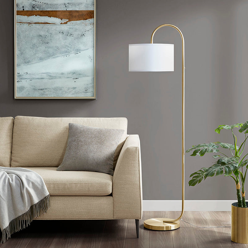 13.5" Gold Arched Metal LED Floor Lamp - Drum-Shaped Fabric Shade