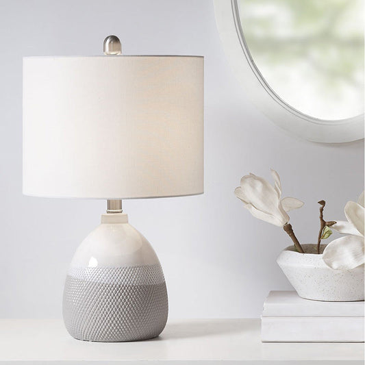 12" Modern Grey Ceramic Textured Fabric Shade Table Lamp - LED Light