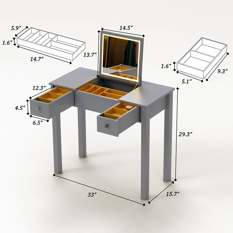 33" Glossy Grey Makeup Vanity Table with LED Lights, Flip-Top Mirror and 2 Drawers