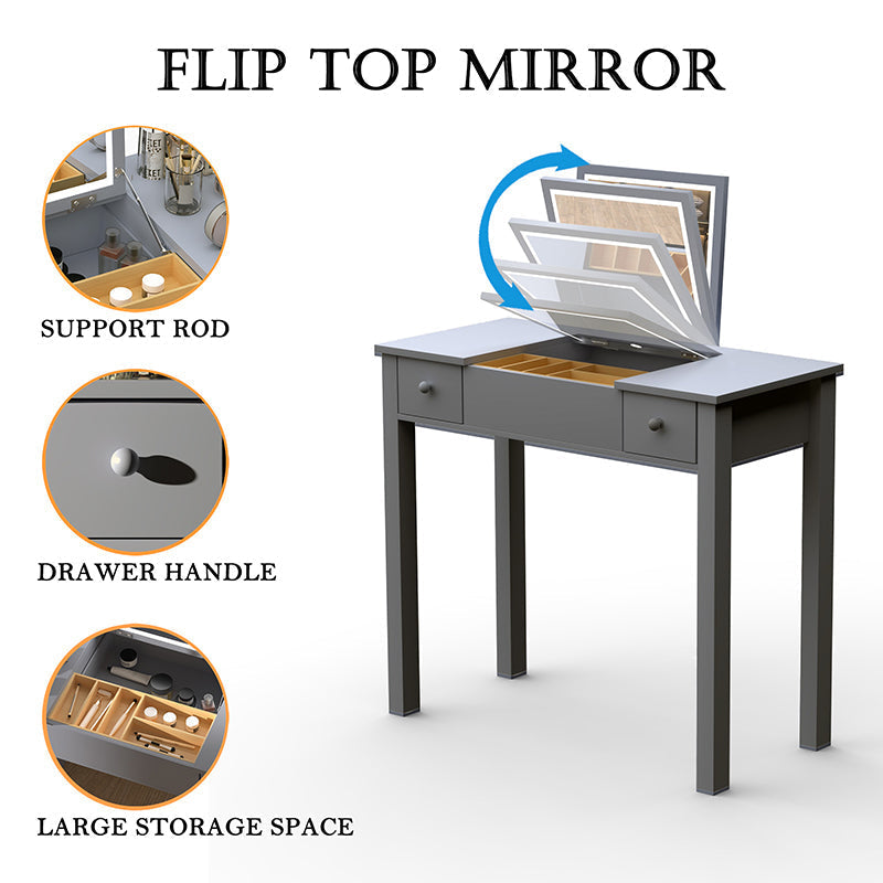 33" Glossy Grey Makeup Vanity Table with LED Lights, Flip-Top Mirror and 2 Drawers