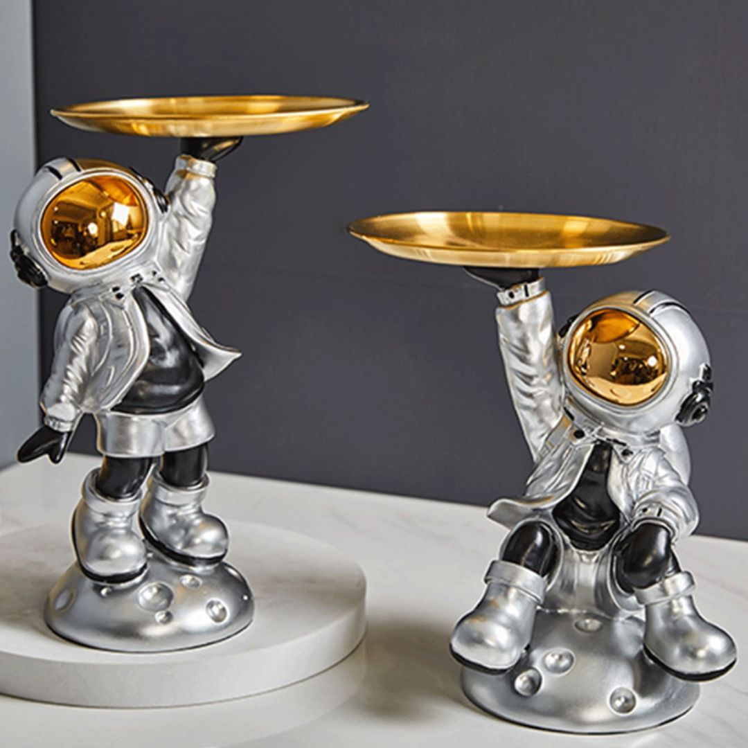 Decorative Astronaut Sculpture with Metal Tray