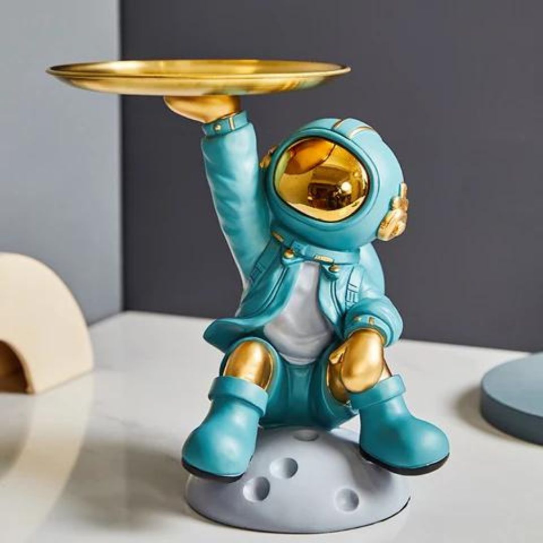 Decorative Astronaut Sculpture with Metal Tray