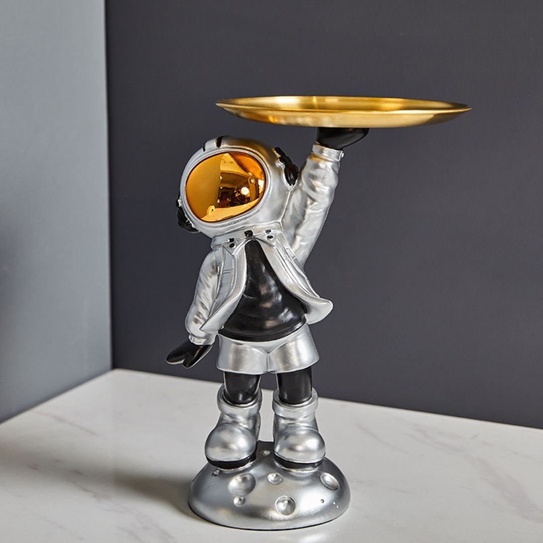 Decorative Astronaut Sculpture with Metal Tray