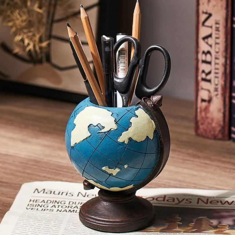 Creative Blue Globe Shape Desktop Pen Holder