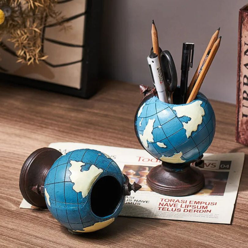 Creative Blue Globe Shape Desktop Pen Holder