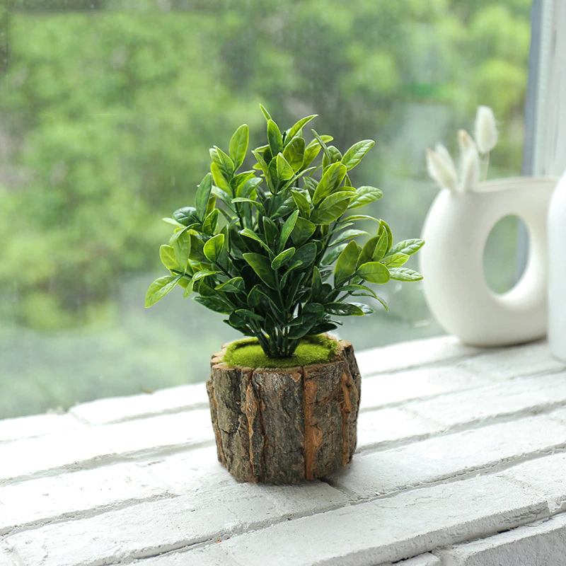 Wood Planter Pot with Artificial Plants