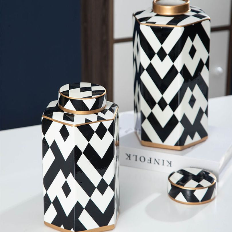 Modern Geometric Black and White Striped Storage Jar